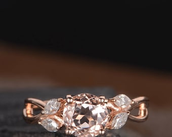 Rose Gold Engagement Ring Unique Morganite Ring Wedding Bridal Marquise Moissanite Infinity Split Shank Antique Curved Anniversary Gift Ring