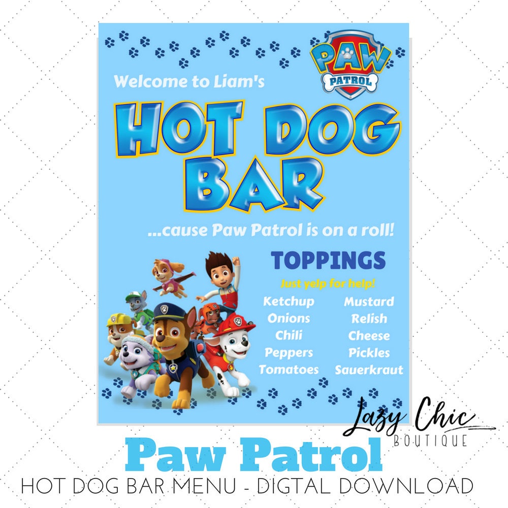 Paw Patrol Hot Dog Bar Menu with Food Labels/Food Tents