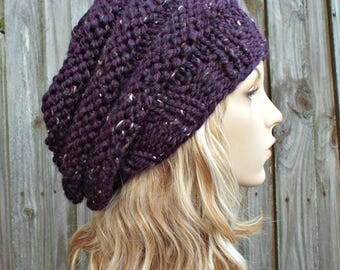 Knit Hat Womens Hat - Oversized Beehive Beret Hat in Raisin Tweed Purple Knit Hat - Purple Hat Purple Beret Purple Beanie - READY TO SHIP