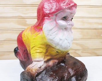 Vintage Cement Garden Gnome Red Hat On Log Yard Elf Statue 10" Plaster Outdoor Figurine