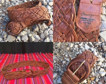 Vintage Belt Brown Soft woven belt Leather Belt Braided belt 1970s Made in India S M