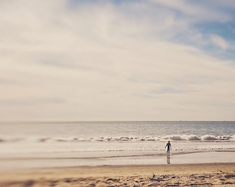 surfer photograph, photography, beach photo, ocean waves, boys room decor, for him, California beach, blue brown, surfing, coastal, sky