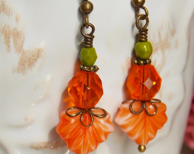 Leaf Earrings Czech Glass Earrings Maple Leaf Earrings Picasso Orange Green Czech Glass Jewelry Earthy Woodland Autumn Gift Earrings