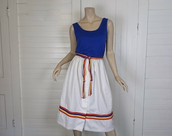 80s Summer Dress in Primary Colors- Blue & White Nautical Sundress- 1980s Sleeveless Cotton- Medium