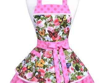 Womens Ruffled Retro Apron - Pink Butterflies and Polka Dot Womans Vintage Style Pinup Kitchen Apron to Personalize or Monogram (DP)