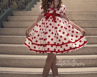 White & Red Polka Dot Shirley Temple Baby Doll Style Short Puffy Sleeve Dress Infant Baby Toddler Girl, Shirley Temple Costume Dress