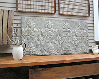 Antique Ceiling Tin Tile, Vintage architectural salvage, Large gray wall decor, Metal wall art, Antique pressed ceiling tin.
