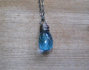 Sterling Silver London Blue Topaz Necklace, Wire Wrapped Tear Drop Blue Stone Pendant, December Birthstone Jewelry, Blue Topaz Jewelry
