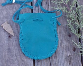 Drawstring leather pouch in turquoise blue leather , Leather crystal bag , Drawsrting medicine bag