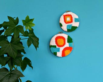 Punch needle embroidery hoop art. Geometric textured yarn wall decor. Textile art. Retro tactile fiber art. Set of 2