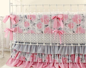 Pink and Gray Watercolor Floral Baby Girl Bedding | Pink Clouds & Silver Linings Crib Bedding Set for Custom Nursery | Lottie Da Baby Design