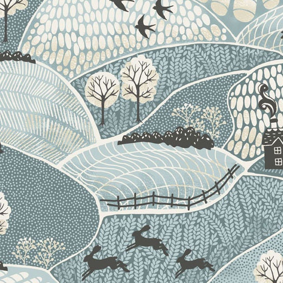 Woodland Baby Nursery Fabric LANDSCAPE in Blue Into the