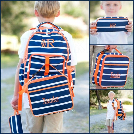 Boy Navy Stripe Backpack Matching Lunchbox and Pencil Case