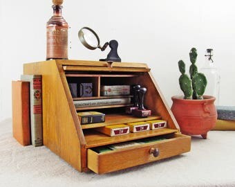 wood file cabinet,desk organizer,desk caddy,storage box,library card catalog,vintage wood drawer,mid century modern,farmhouse antiques