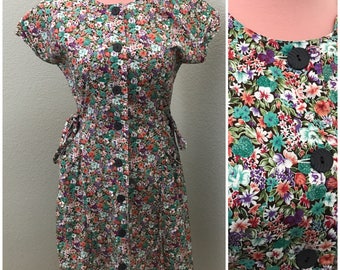 70s green and purple vintage floral day dress size M-L