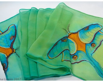 Luna Moth Silk Scarf. 11x51". Hand-painted silk scarf. Painted silk scarf. Painted silk scarves~Hand painted silk scarf~Turquoise silk scarf