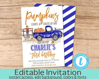 Fall Birthday Invitation, Pumpkin, Blue Truck, Pumpkin Patch, Blue Boy Fall Invite, Editable Birthday Invitation Template, Instant Download