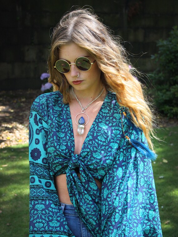 TURQUOISE SILK TOP - Bell sleeve crop top- Silk Tie Top- Vintage- Festival Top- Hippie- Retro- 70s- Crop Top- 100% Silk- Couture