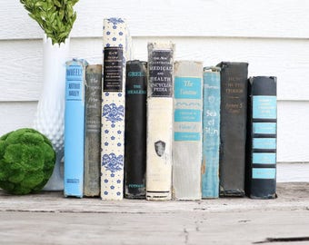 Set of 9 Vintage Books - Antique Book Decor - Photo Props -Wedding Decor- Blue, Grey, White, Black - Rustic Books - French Country - Rustic