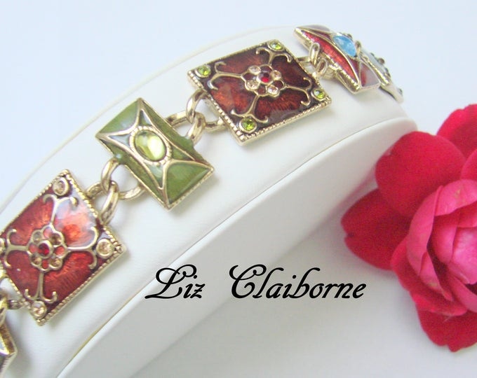 Liz Claiborne Enamel Rhinestone Panel Bracelet / Designer Signed / Olive Green / Cranberry Red / Costume Jewelry / Jewellery