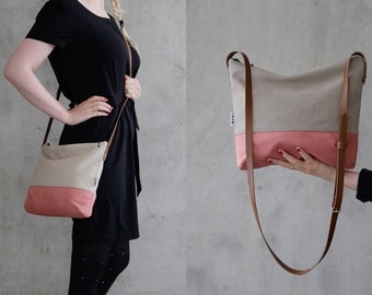 Cross body bag canvas fabric, cross body purse, leather strap, handmade slouch bag, sac,