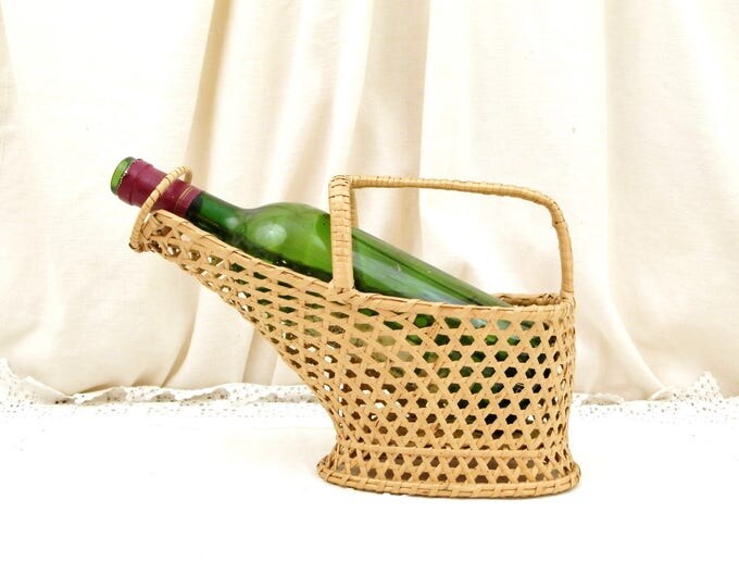 Vintage French Woven Wicker Wine Bottle Holder Basket, Retro Mediterranean Serving Tableware from France, Dinner Party Table Accessory