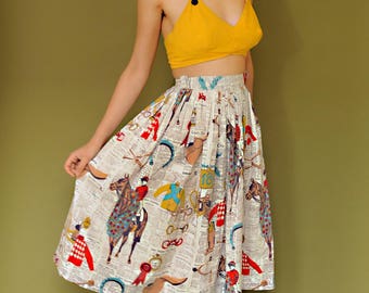 1950s Vintage Western Novelty Print Cotton Skirt w/ Equestrian Horse Racing Stats Dates and Articles XS 25" Waist