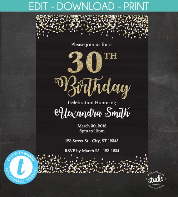 30th Birthday Invitation, 30th Birthday Invite, Black and gold glitter ...