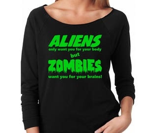 Slouchy Sweatshirt, Funny Halloween Sweatshirt, Horror, Zombie, Alien, 3/4 Sleeve Lightweight Raw Edge Raglan Sweater, Ringspun Cotton