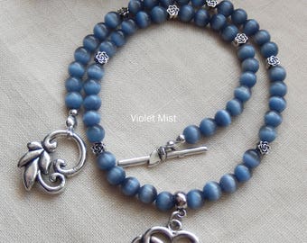 Grey Cats Eye Beaded choker Necklace with Tibetan Silver Roses and Infinity Heart Charm and Toggle Fastening