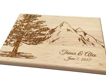 Personalized Cutting Board Custom Wedding Gift Pine Tree with Mountains Mountain Climbing Hikers Cheese Board Chopping