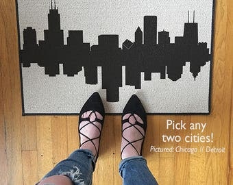 Door Mat City Skylines Doormat Area Rug // Pick Two Cities // Dueling Skylines Going Away Gift Housewarming Gift City Home Decor