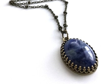 Blue Sodalite Necklace, Navy Blue Long Brass Necklace, Natural Stone Sodalite Pendant, Antique Brass Chain, Oval Navy Gemstone Jewelry