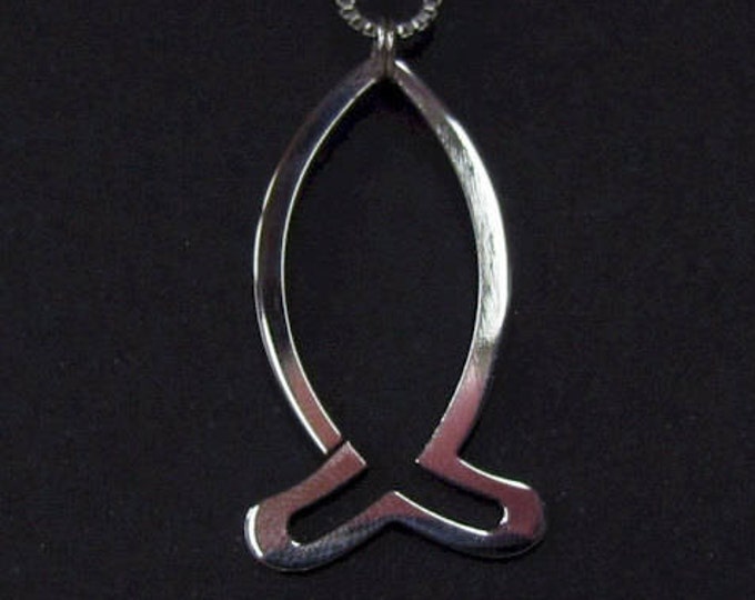 Silver High Gloss Hand Polished Ichthus Ichthys ΙΧΘΥΣ Greek Fish Outline Necklace - Saint Michaels Jewelry