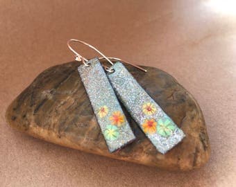 flower earrings, long earrings, glass enamel earrings, enamel earrings, Quail Run Jewelry, sterling silver ear wires