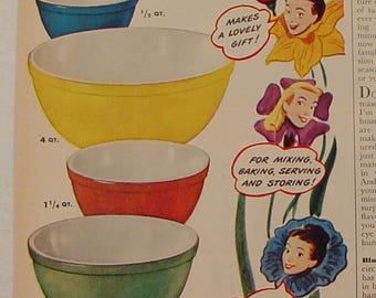 Pyrex Mixing Bowls Nesting Bowls Primary Colors Spring Flowers 40's or 50's Print Ad
