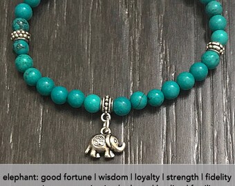 GOOD LUCK: Turquoise | Elephant Charm ॐ Yoga Chakra Mala Bracelet | Energy Healing Karma Stacks | Organic Reiki Jewelry | Natural Gemstone