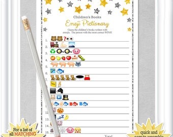 Children's Books EMOJI Pictionary with gold and silver stars, Twinkle Twinkle little Star Baby Shower, ANSWERS included, diy PRINTABLE, 93BA
