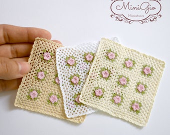 1:12 Dollhouse miniature crochet blanket with little pink flowers, choose your color