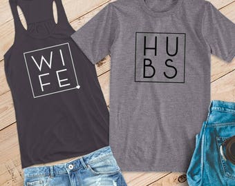 Hubby and Wifey couples shirts. Honeymoon shirts. Just Married
