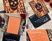 Skull invitation spider web wedding Halloween party spooky laser cut gatefold all hallows eve invite