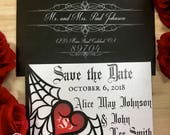 Spiderweb Save the Date card laser cut heart pocket for Gothic wedding event