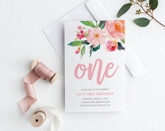 1st Birthday Invitation, Girl Floral Garden Party Pink Printable Digital DIY Invite, Birthday Invite, Floral Birthday, Girls Birthday Invite