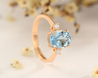 Unique Aquamarine Engagement Ring Rose Gold Antique Wedding Women Promise Bridal Oval Cut Birthstone Three Stone Diamond Anniversary Gift