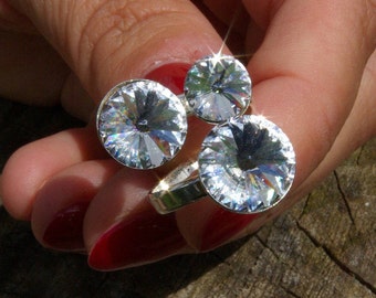 Sterling Silver Swarovski Ring Adjustable Rivoli Ring Swarovski Clear Crystal Ring Round Crystal Ring Statement Ring Wedding Crystal Ring