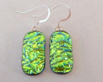 Green Dichroic Fused Glass Dangle Earrings, Fused Glass, Fused Glass Earrings, Glass Earrings, Dichroic Earrings, Dangle Earrings, Dichroic