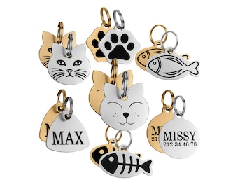 Cat Tag, Cat ID Tag, Personalized Cat Tag, Small Pet Tags Steel Brass 24K Gold Plated