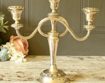 Silver plated triple candelabra, vintage freestanding table decor