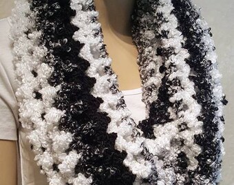 Gray White Black Crochet Infinity Scarf, Crochet Scarf, Infinity Scarf, Black Infinity Scarf, Gray Infinity Scarf, Black and White Scarf