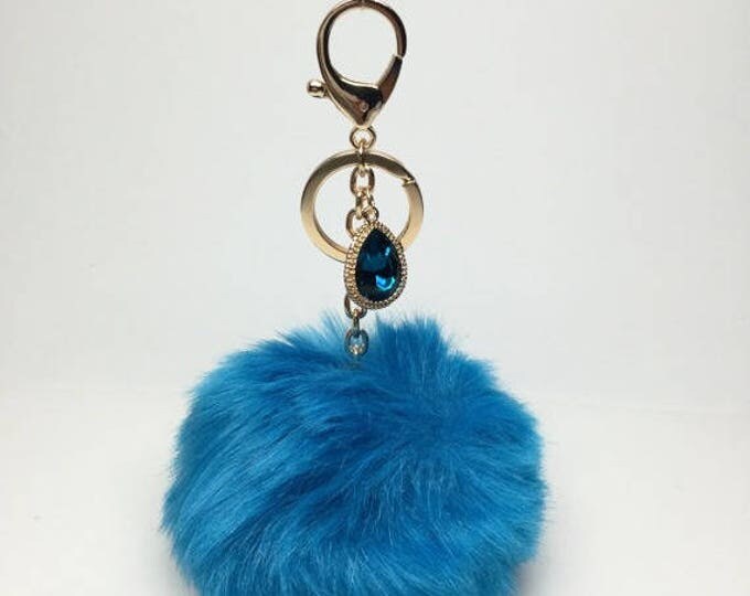 NEW! Faux Rabbit Fur Pom Pom bag Keyring keychain artificial fur puff ball in Sky Blue Crystals Collection
